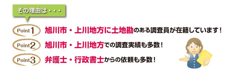 その理由は「旭川市・上川地方に土地勘のある調査員が在籍しています」「旭川市・上川地方での調査実績も多数！」「弁護士・行政書士からの依頼も多数！」