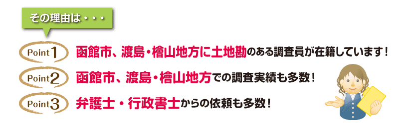 その理由は「函館市・渡島檜山地方に土地勘のある調査員が在籍しています」「函館市・渡島檜山地方での調査実績も多数！」「弁護士・行政書士からの依頼も多数！」