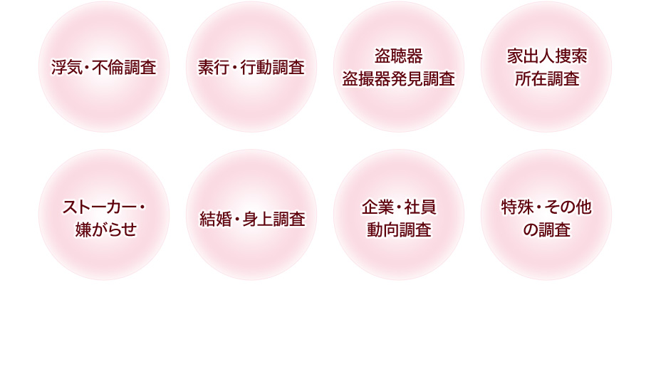 浮気・不倫調査、素行・行動調査、盗聴器
盗撮器発見調査、家出人捜索所在調査、ストーカー・嫌がらせ、結婚・身上調査、企業・社員動向調査、特殊・その他の調査