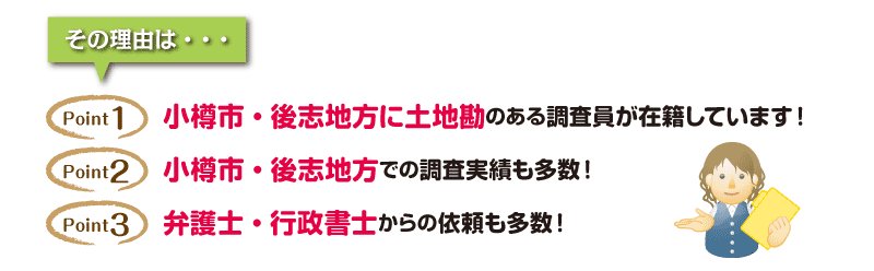 その理由は「小樽市・後志地方に土地勘のある調査員が在籍しています」「小樽市・後志地方での調査実績も多数！」「弁護士・行政書士からの依頼も多数！」