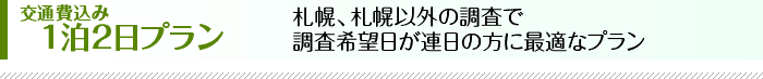 交通費込み1泊2日プラン　札幌、札幌以外の調査で調査希望日が連日の方に最適なプランです。