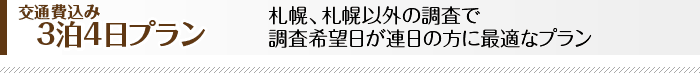 交通費込み3泊4日プラン　札幌、札幌以外の調査で調査希望日が連日の方に最適なプランです。