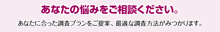 あなたの悩みをご相談ください。あなたに合った調査プランをご提案、 最適な調査方法がみつかります。