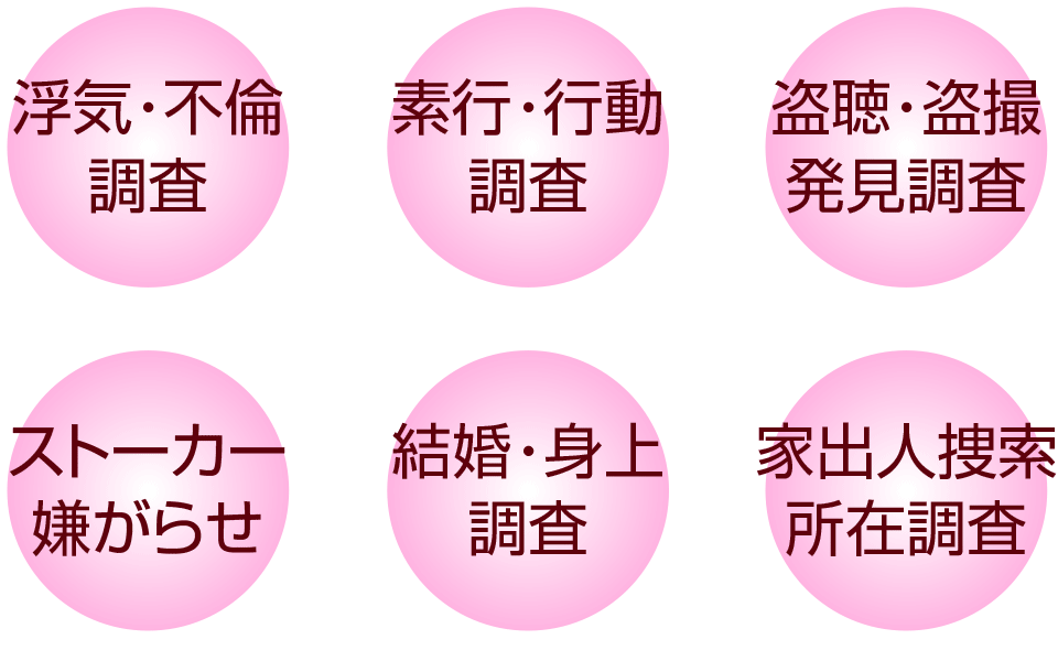 浮気・不倫調査、素行・行動調査、盗聴・盗撮発見調査、ストーカー嫌がらせなど